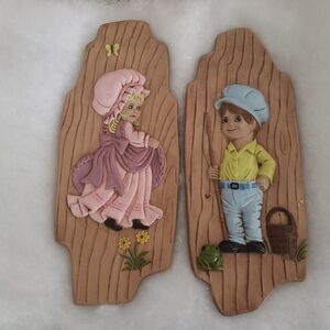 Vintage 1976 Atnel's Ceramic Plaque Set of 2 Raised Girl & Boy Wall Hang Decor